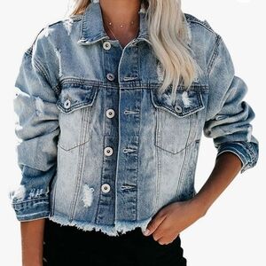 Distressed Denim Cropped Button Up Jacket w/Frayed Hem Women's XL